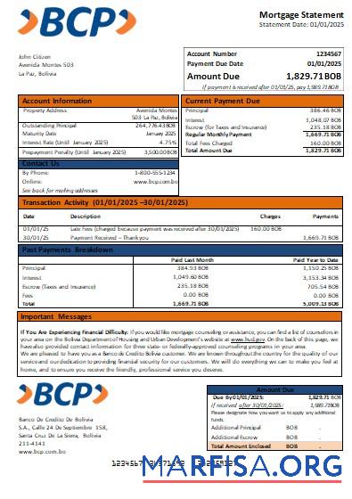 Realistic Banco de Credito Bolivia bank mortgage statement scr real example